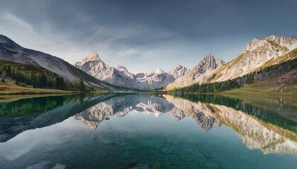 Serene mountain range reflected in crystal clear lake, showcasing nature beauty