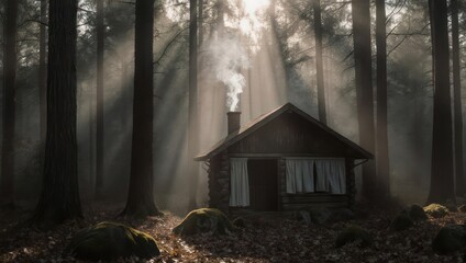Wooden cabin in a misty forest, sunbeams