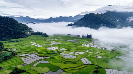 Vast, vibrant green terraced rice fields cascade down a mountainside, partially obscured by ethereal white fog and clouds. Distant, misty mountains form a drama