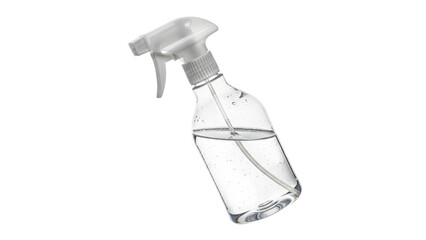 Transparent trigger spray bottle dispensing liquid for cleaning and disinfection, showcasing hygiene solution application for sanitation against