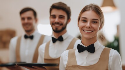 In a bustling hotel environment, cheerful waitstaff bring room service to guests. Their bright smiles and elegant attire enhance the warm atmosphere of this inviting location