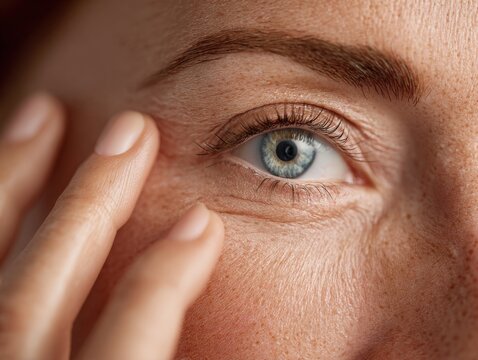 Close-up Portrait of Woman's Eye Showing Natural Aging Signs and Delicate Skin Texture