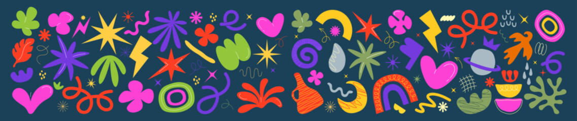 Colorful abstract decorative elements hand drawing. Modern vector design with creative lines, leaves, lightning bolts, stars, and hearts on solid background. design illustration