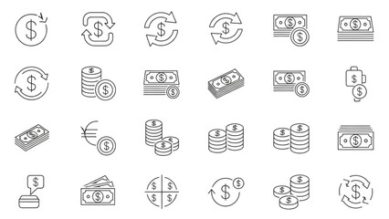 Comprehensive collection of financial transaction and currency exchange line icons for modern banking and investment concepts