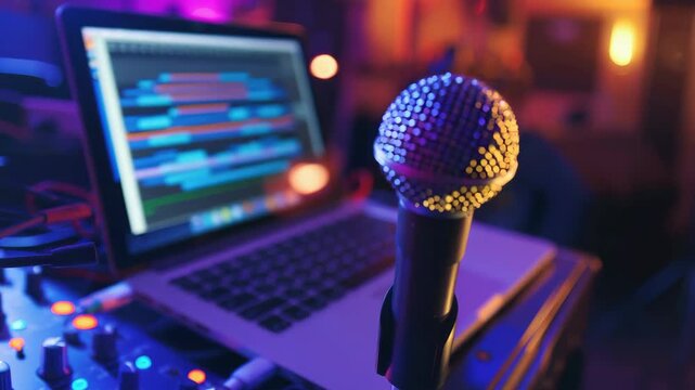 Studio with microphone, laptop, and mixing console under colorful lights
