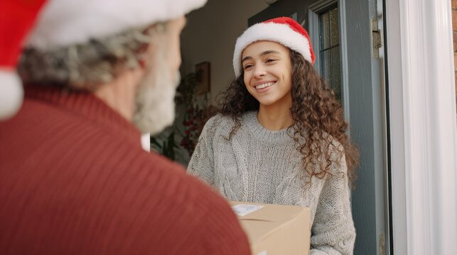 Cheerful young woman with curly hair is smiling and receiving a package from delivery man wearing Santa hat at her doorway. Festive Christmas delivery