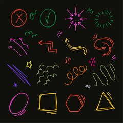 Set of dynamic neon images, featuring colorful arrows, circles, lines, stars, and abstract geometric shapes on a dark background. design illustration