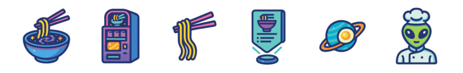 Six vibrant cartoon icons illustrating a cosmic noodle bowl with chopsticks, a futuristic ramen vending machine, a holographic menu, a ringed planet, and a friendly alien chef