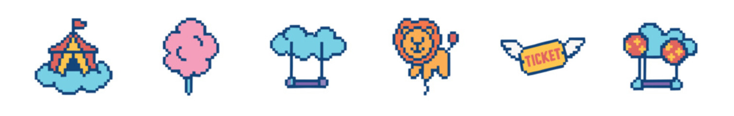 Fototapeta premium A collection of colorful pixel art carnival and circus elements, featuring a striped tent, cotton candy, a lion, hot air balloons, and a winged ticket, rendered in a retro 8-bit style