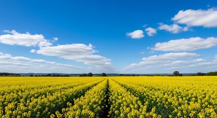 Yellow canola field against a blue cloudy sky