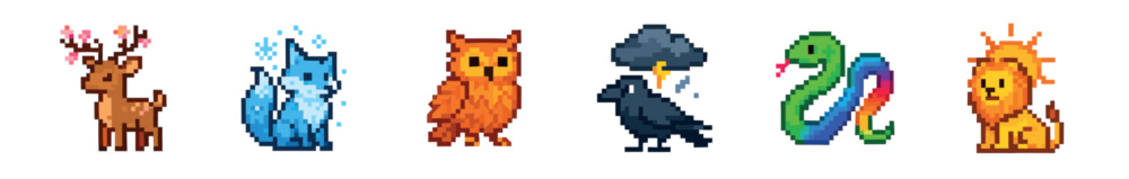 A charming collection of six distinct pixel art fantasy creatures, featuring a floral deer, an icy fox, an owl, a stormy crow, a rainbow snake, and a fiery lion, rendered in a retro game style