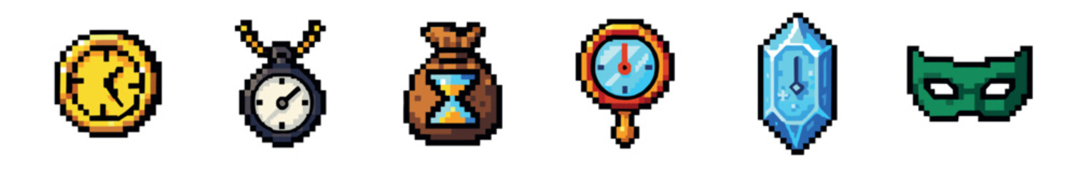 Obraz premium Vibrant collection of pixel art game assets, showcasing a golden coin, a classic pocket watch, a bagged hourglass, a compass, a glowing blue crystal, and a green mask