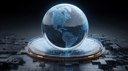 Futuristic Digital Globe Display: Global Technology Network Visualization with Advanced Interface and Global Communication