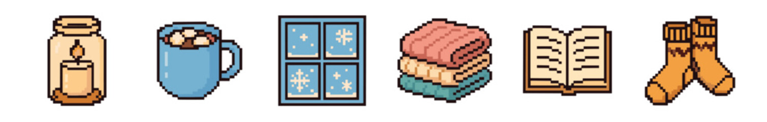 A charming pixel art collection featuring cozy winter essentials like a glowing candle, a warm mug of hot chocolate, a snowy window, soft stacked blankets, an open book, and comfortable socks