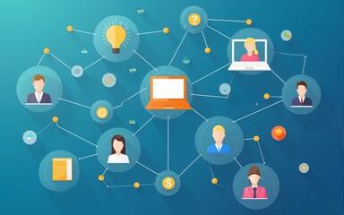 A network diagram showing interconnected business elements like analysis customer service teamwork technology and global outsourcing. Concept Analysis, Customer Service, Teamwork, Technology