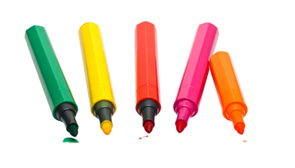 Five assorted colorful felt-tip markers isolated against a transparent background