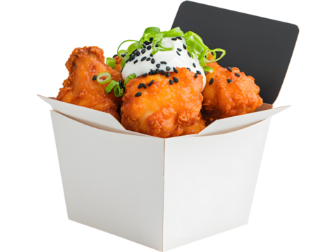 Fried chicken wings in paper box isolated on transparent background. Perfect for food and delivery design. - Powered by Adobe