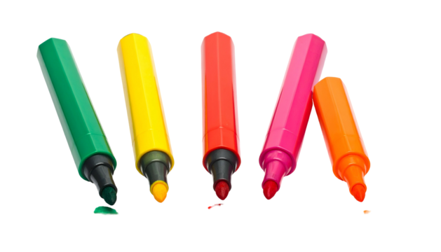 Five assorted colorful felt-tip markers isolated against a transparent background