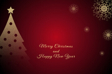 Merry Christmas and Happy New Year greeting card. Christmas tree, snowflakes spot textured on red background. Vector illustration
