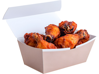 Fried chicken wings in paper box isolated on transparent background. Perfect for food and delivery design.