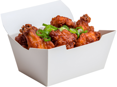 Fried chicken wings in paper box isolated on transparent background. Perfect for food and delivery design.