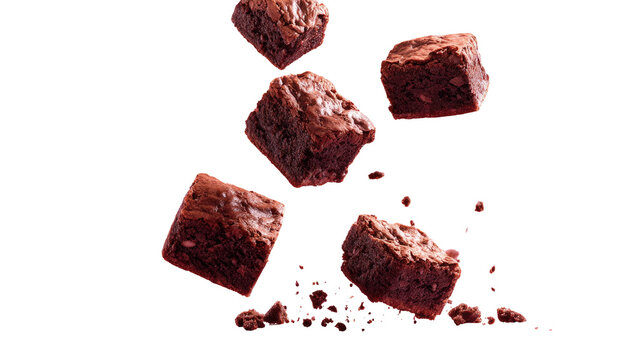 Delicious chocolate brownies falling against a black background