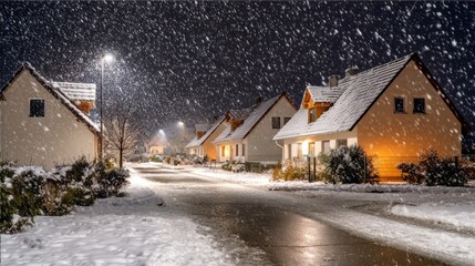 In a peaceful neighborhood, snow falls gently at night, covering rooftops and sidewalks. Warm lights shine from cozy homes, enhancing the serene winter atmosphere