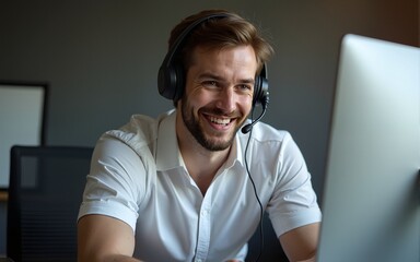 Portrait of a handsome smiling man with headset working on the computer. High quality