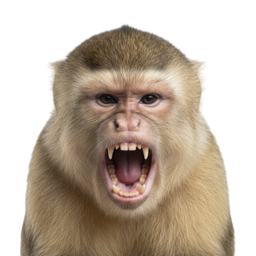 Close up expressive portrait of a capuchin monkey with mouth open and teeth bared isolated on black