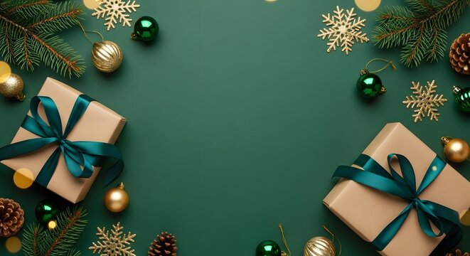 Festive christmas gift boxes and decorations on green background