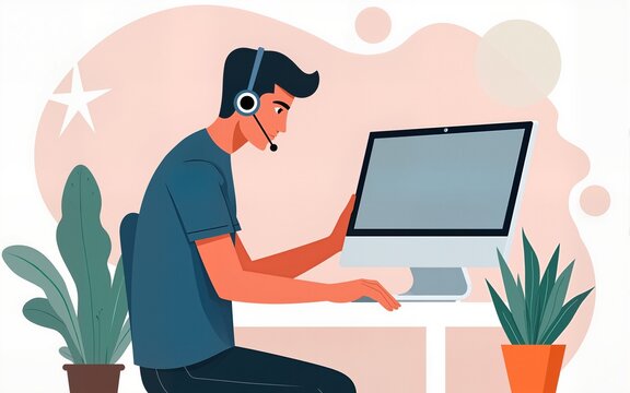 A man from a call center dealing with a customer problem. Online global technical support 24 7. Customer support department staff, telemarketing agents. Vector flat illustration. High quality