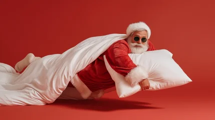 Wandcirkels Dierenarts Dressed in cheerful festive pajamas, Santa floats playfully on a soft pillow, embodying the spirit of fun and joy during the holiday season. The bright red backdrop enhances the festive mood  © liliyabatyrova