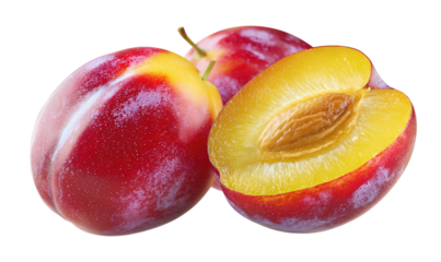 Ripe, vibrant plums, one halved to reveal juicy flesh and pit