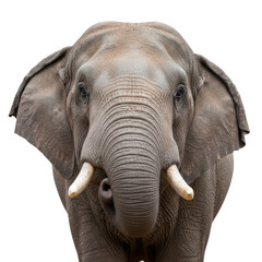Close up portrait of an adult elephant with tusks against a solid black background
