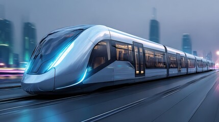 Modern High Speed Train on Tracks with Cityscape at Night, Illustrating Urban Transportation