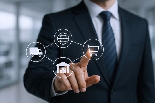 Businessman Taps Digital Icons Representing Global Supply Chain, Logistics and Distribution Network for Business Growth