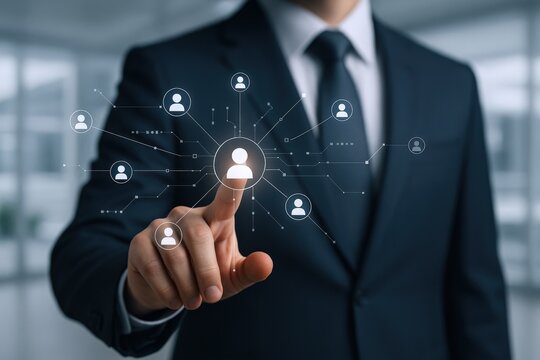 Professional businessman interacting with virtual network interface, emphasizing connectivity, leadership, and modern business technology