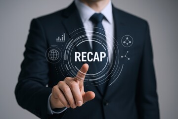 Businessman touching virtual screen displaying recap data, modern technology, interactive interface, business analytics and presentation