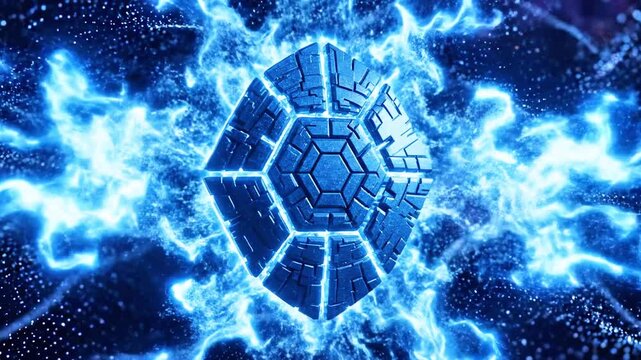 An electric blue circular artifact floats at center amid a field of shimmering digital particlesize