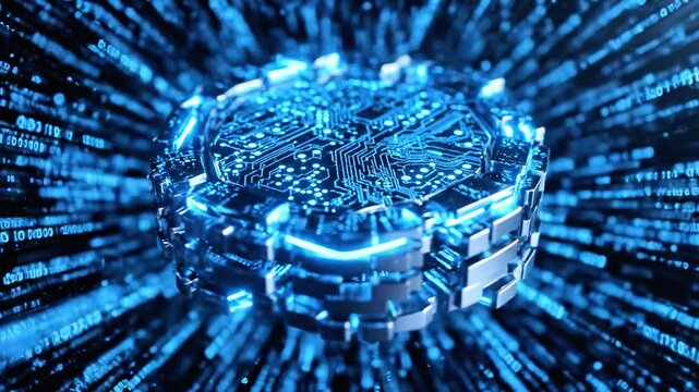 A glowing blue circuit ring hovers amid dynamic data streams, futuristic, high-tech. neon glow cyber