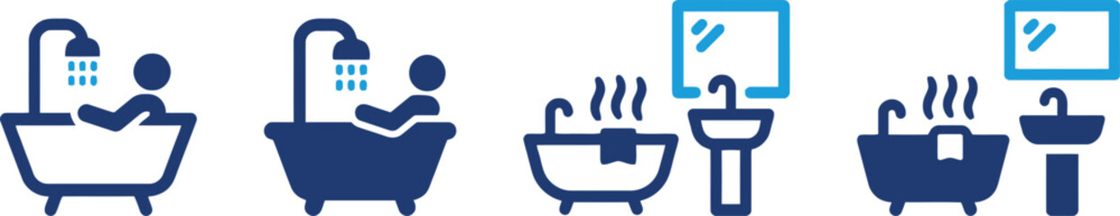 bathroom, bathing, bathtub, shower, sink, mirror, icons, symbols, set, collection, graphic, design, illustration, blue, white, background, isolated, person, steam, hygiene, relaxation, clean, domestic