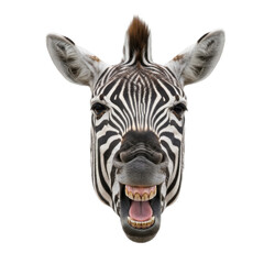 Obraz premium Close-up humorous portrait of a laughing zebra head with black background