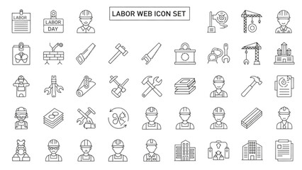 Thin line icon set representing labor, construction tools, and building industry