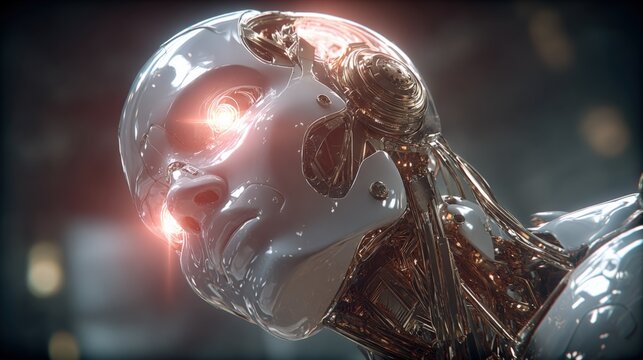 Futuristic Android Head with Glowing Eyes, High-Tech Artificial Intelligence Concept, Modern Robotics and Advanced Technology
