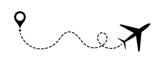 Airplane flying from a location point, dashed line path. A minimalist, conceptual illustration. 