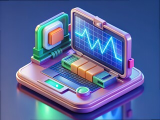 Futuristic isometric laptop displaying health data