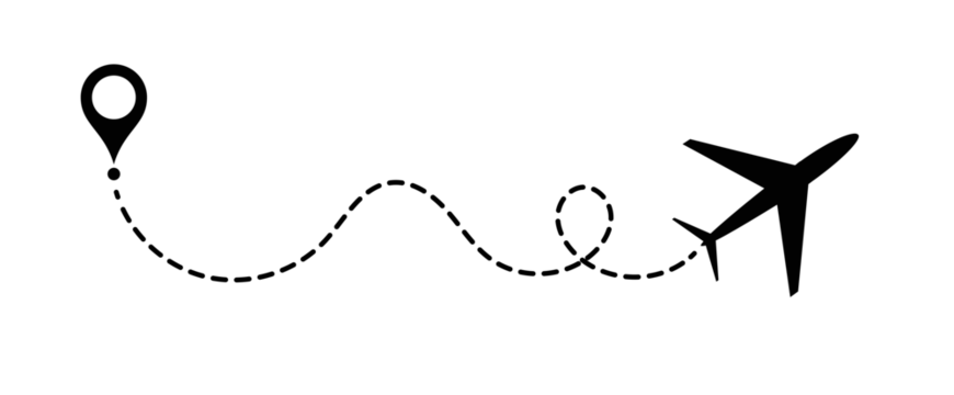 Airplane flying from a location point, dashed line path. A minimalist, conceptual illustration. 