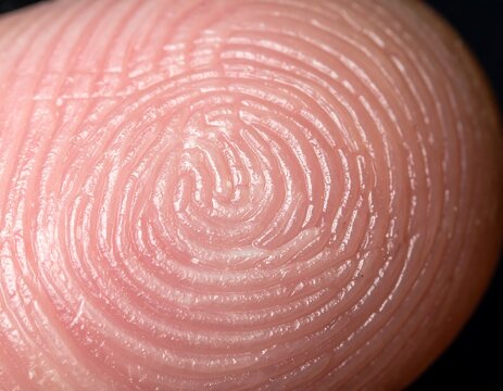 Close-up view of intricate spiral patterns on a human fingertip
