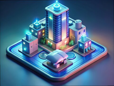 Futuristic isometric cityscape with glowing buildings and technology - Powered by Adobe
