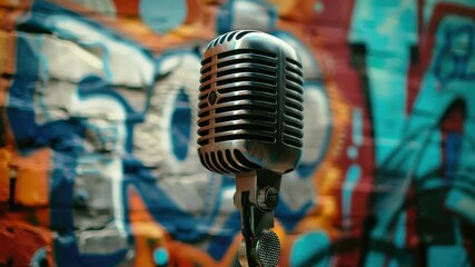 Retro microphone in front of vibrant graffiti background